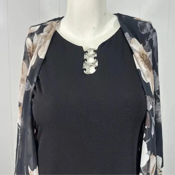 NWT R&k Womens Solid Black Dress With 3/4 Sleeve Floral Shear Sz 8 - Picture 2 of 11